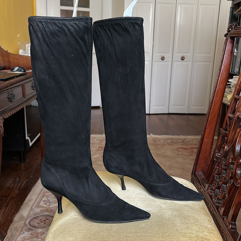 Sergio Rossi Black Stretchy Suede Pointed Toe Sock Knee-High Boots Size 38 / 7.5 - Picture 3 of 13